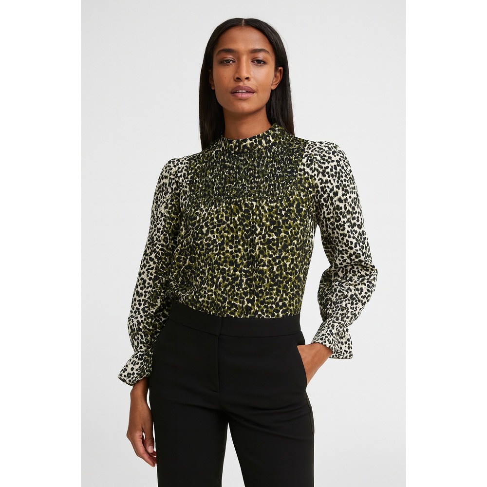 Ulla Johnson Leopard Print Size S Smocked Mock Neck Long Sleeve Blouse‎ Top